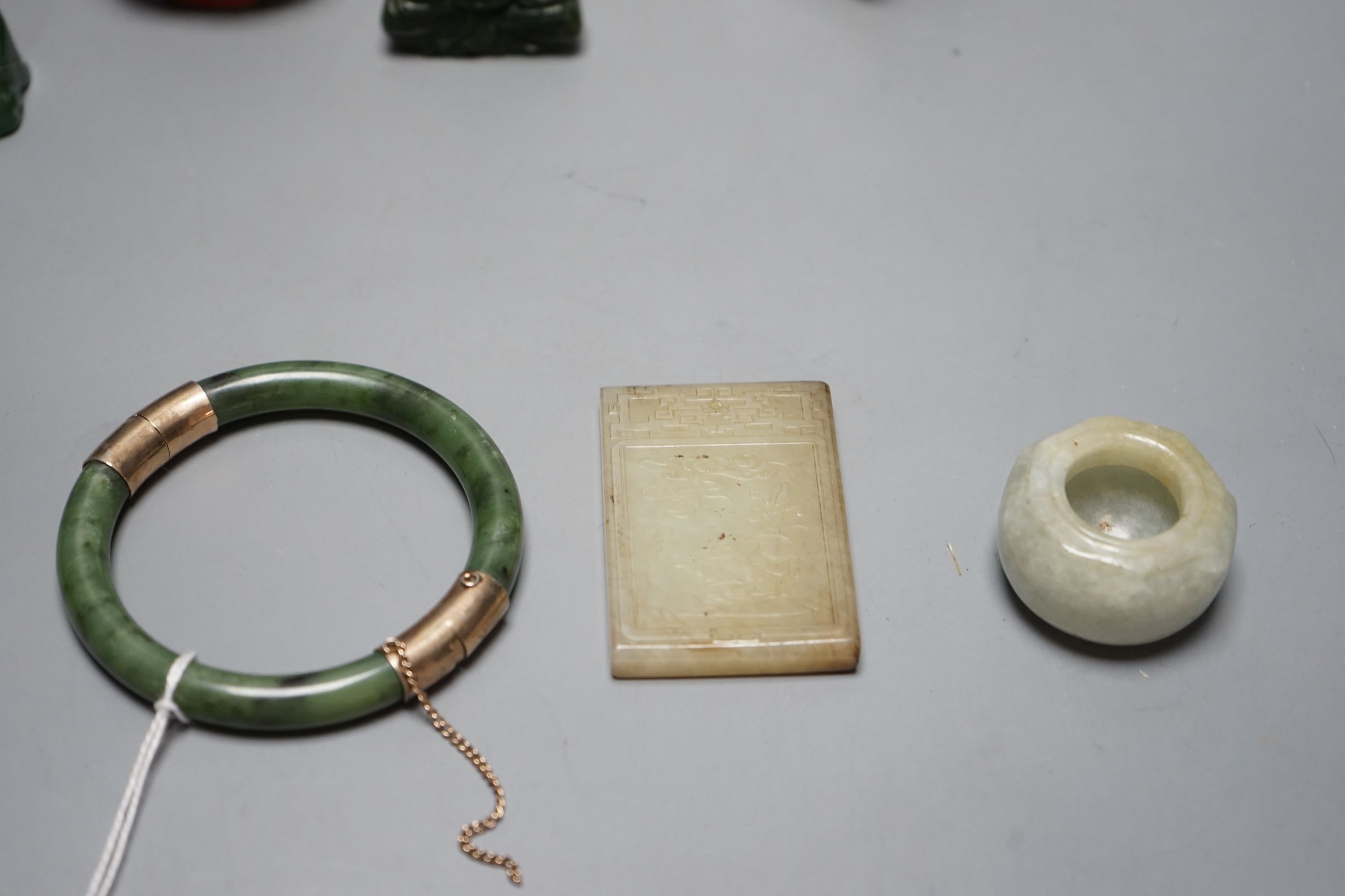 Assorted Chinese items including bronze Tibetan buddha, jades etc, Buddha 13 cms wide.